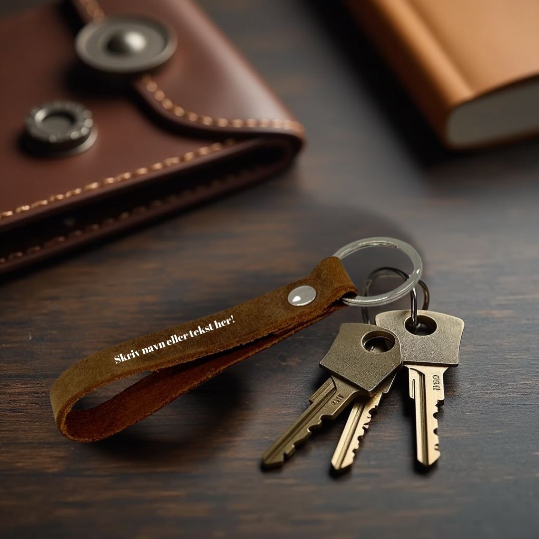 Nøglering i ægte læder med gravering – Brun