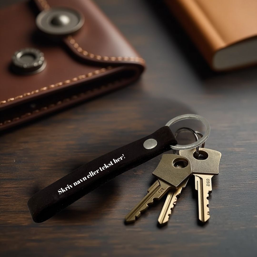 Nøglering i ægte læder med gravering – Sort