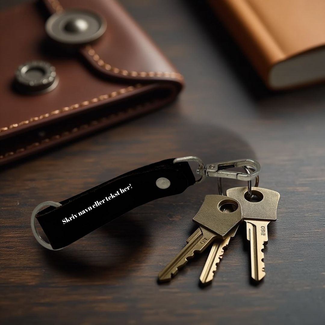Nøglering i ægte læder med gravering – Sortbrun
