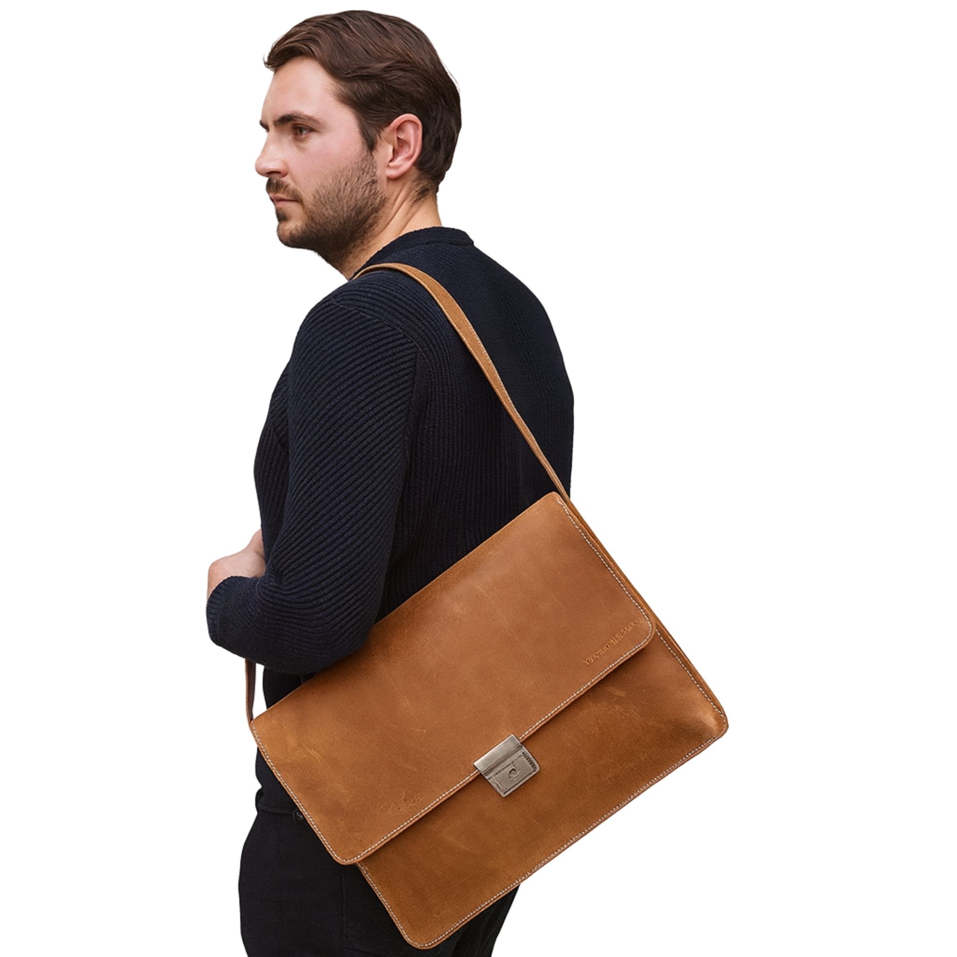 Genuine Leather Laptop Bag with Shoulder Strap – Free Engraving | Brown