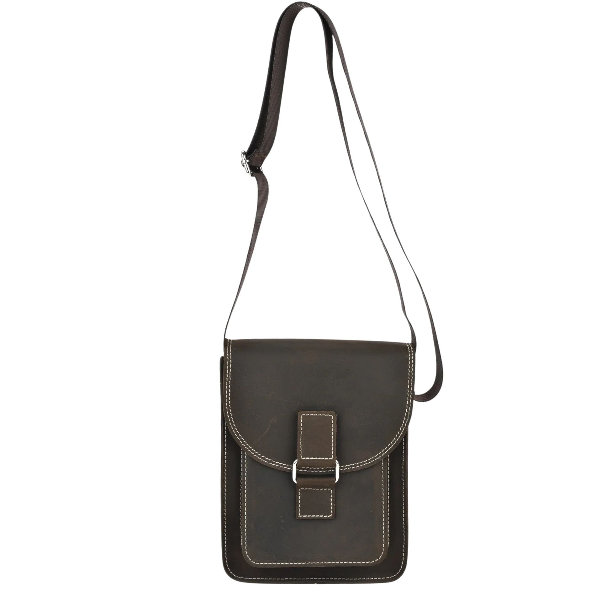 Skuldertaske i ægte mørkebrun læder – unisex med personlig gravering