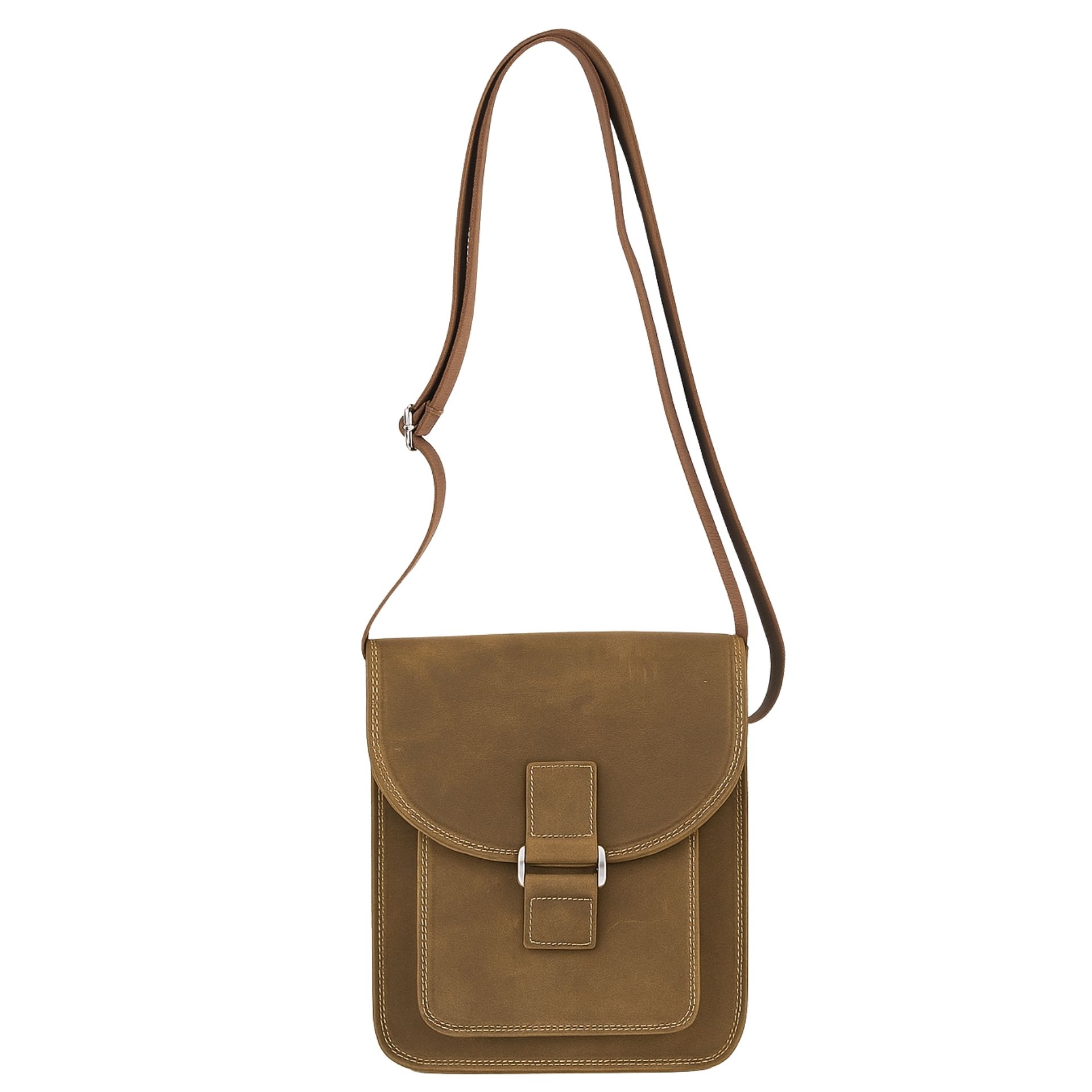 Unisex skuldertaske i cognacfarvet ægte læder – med gravering