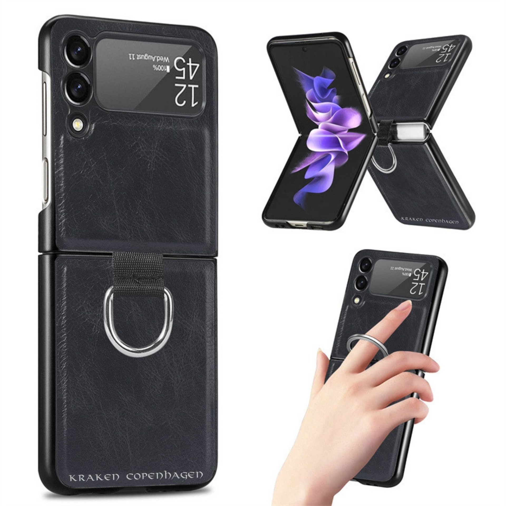 Samsung Galaxy Z Flip Leather Cover with Metal Ring - Black