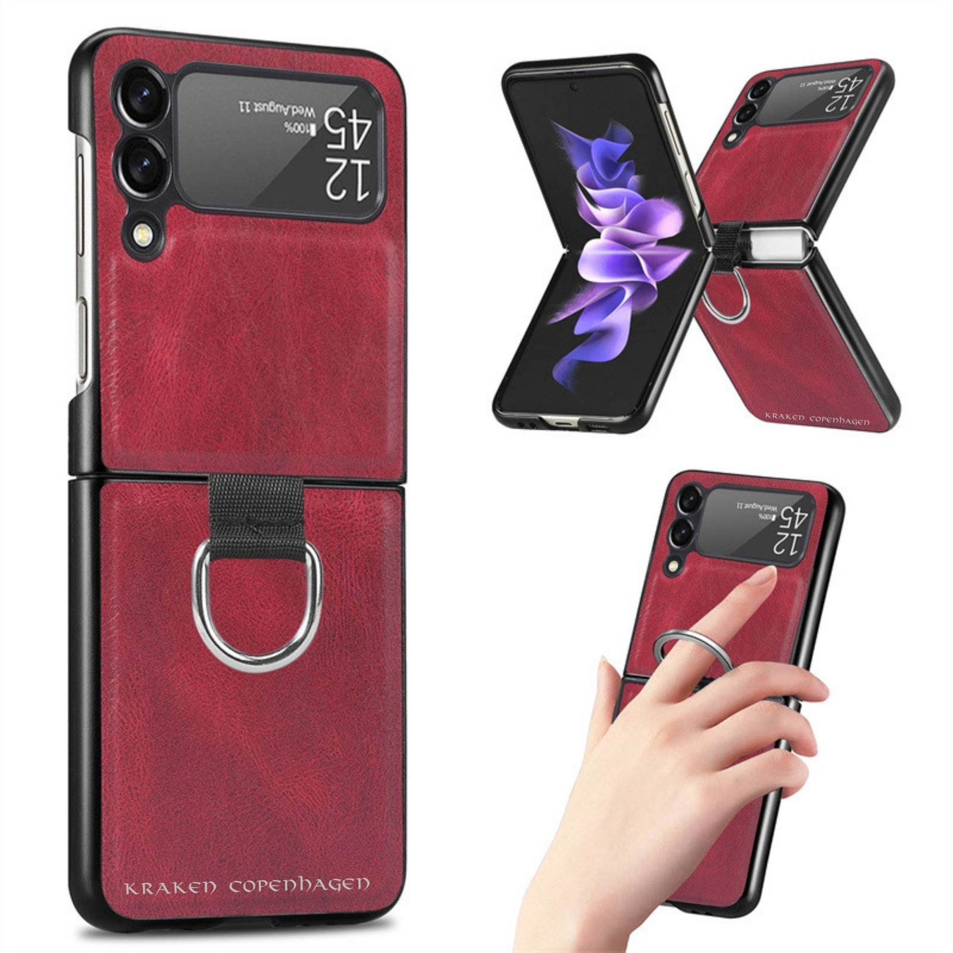 Samsung Galaxy Z Flip Leather Cover with Metal Ring - Red