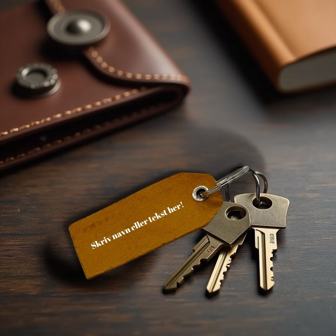 Nøglering i ægte læder med gravering – Mørkegul