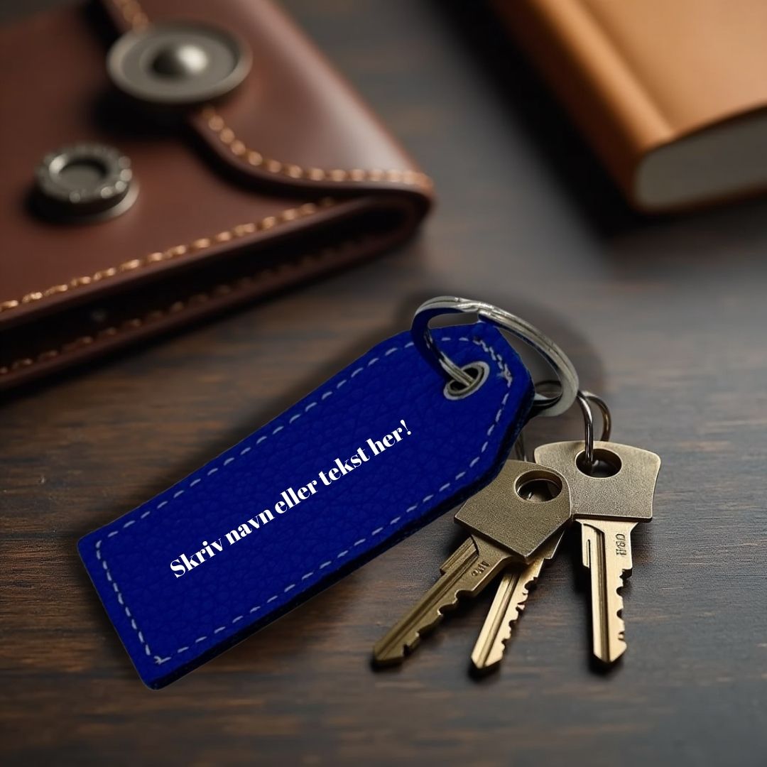 Nøglering i ægte læder med gravering – Blå