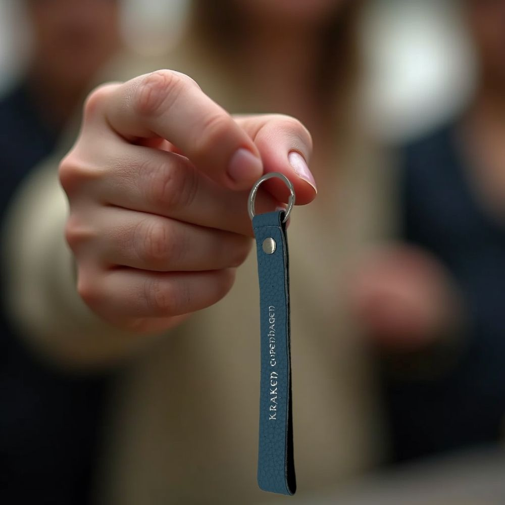 Ægte Læder Nøglering Med Gravering - Lyseblå