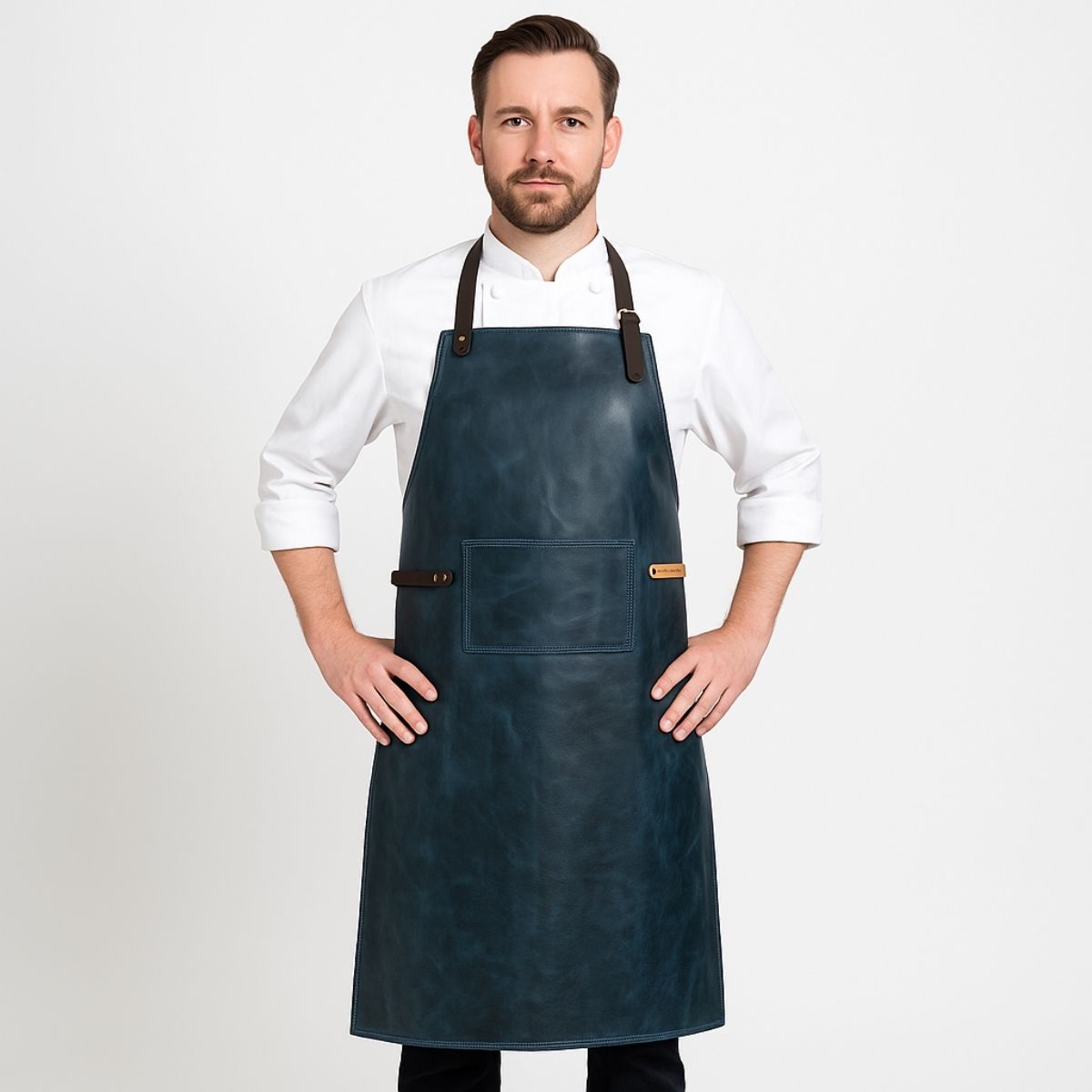 Læderforklæde i ægte kalveskind med gratis gravering - Blå