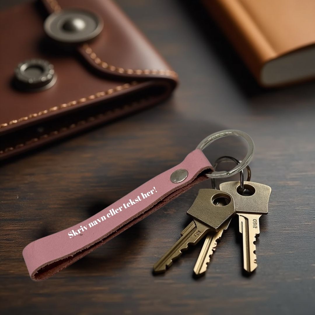 Nøglering i ægte læder med gravering – Lyserød