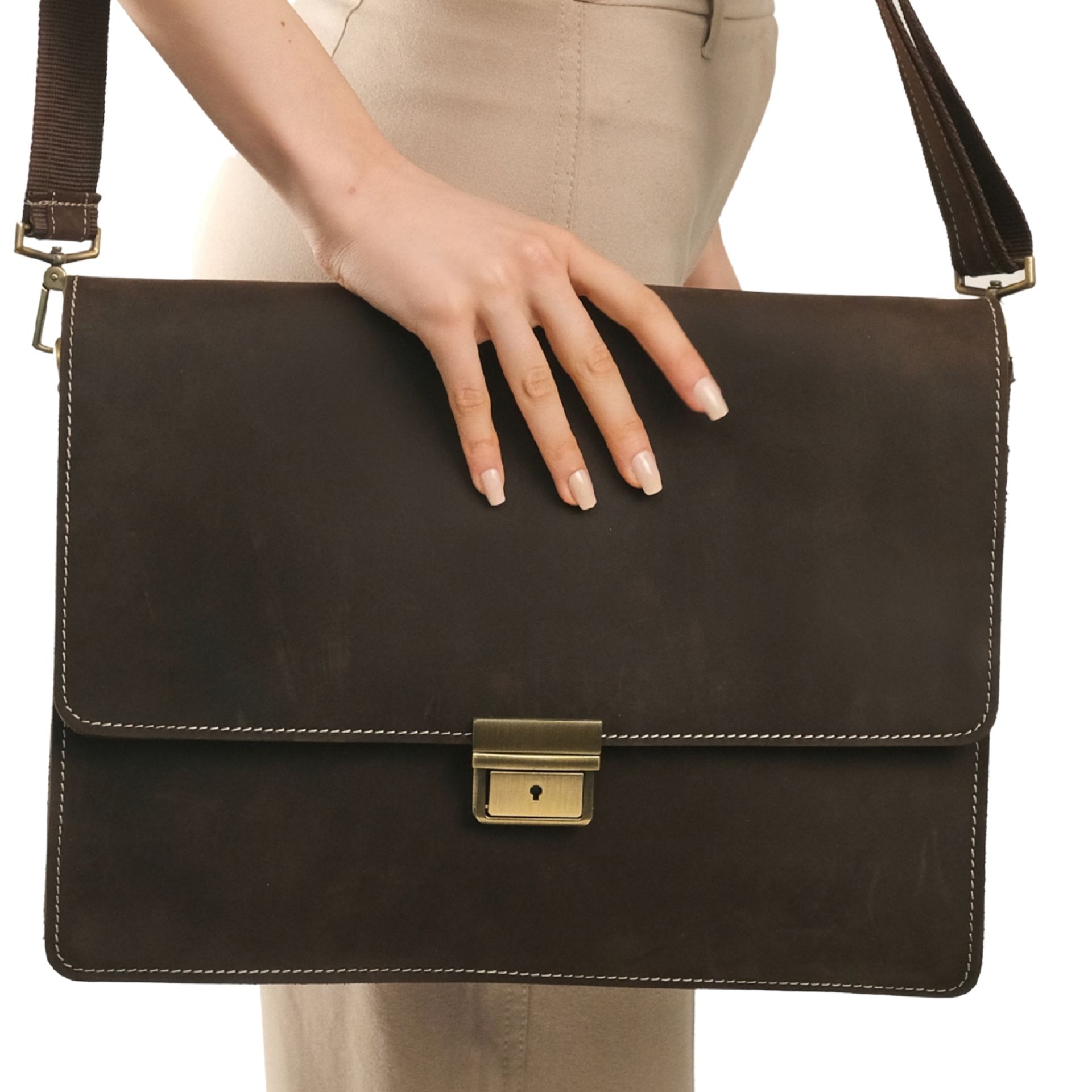 Genuine Leather Laptop Bag with Shoulder Strap – Free Engraving | Dark Brown