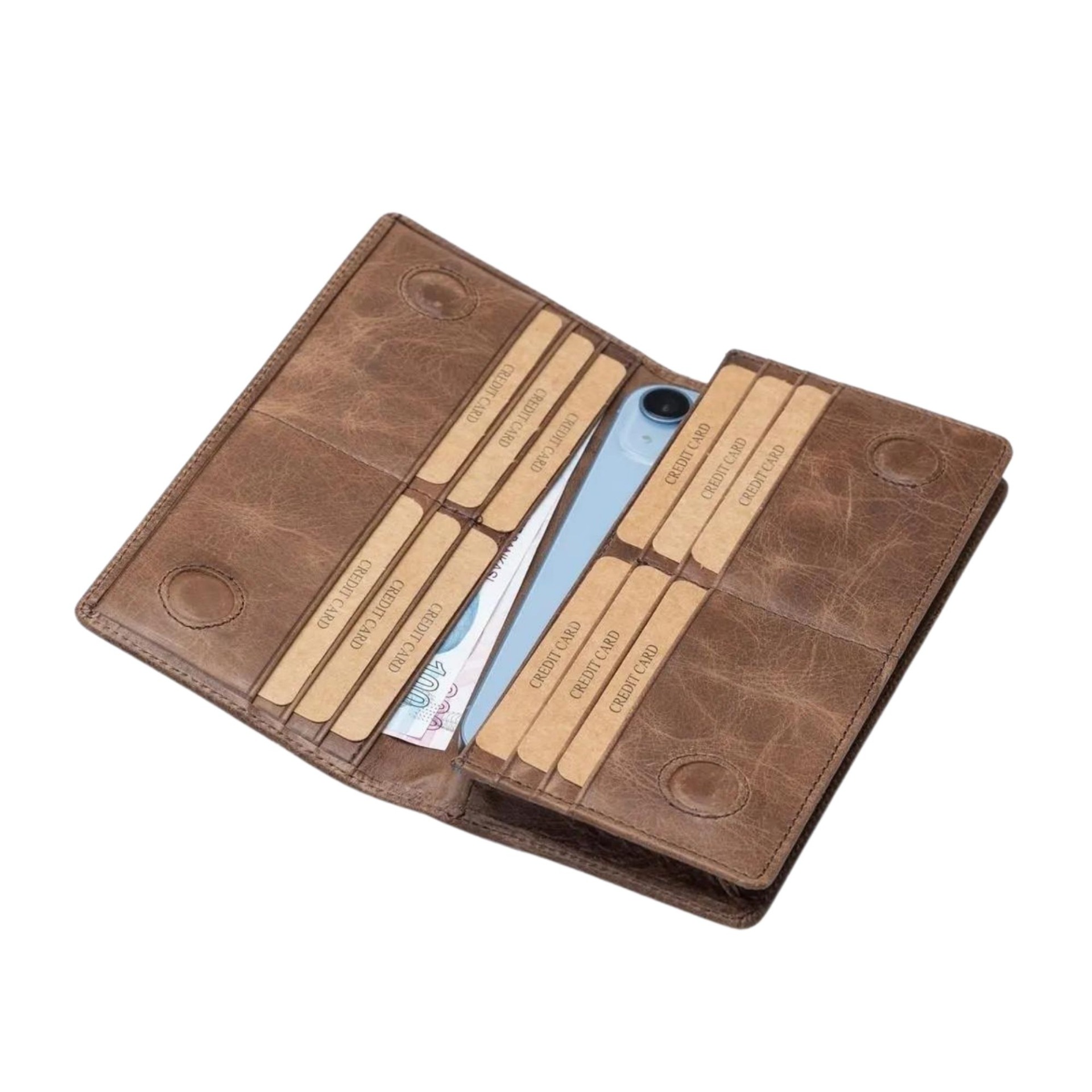 Wallet in Genuine Leather with Universal Phone Holder - Dark Brown
