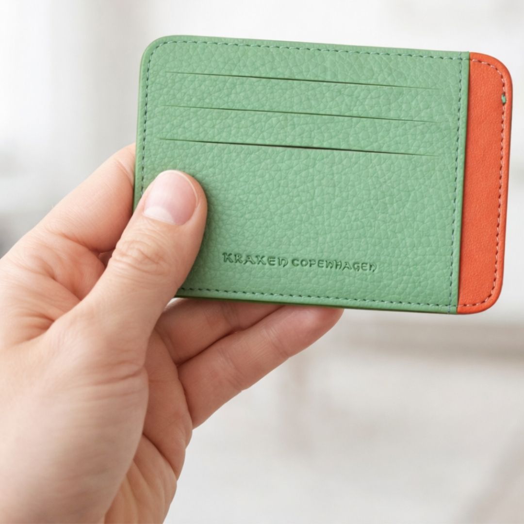 Slim Leather Card Holder in Genuine Calfskin – Free Personal Engraving (Green/Pink)