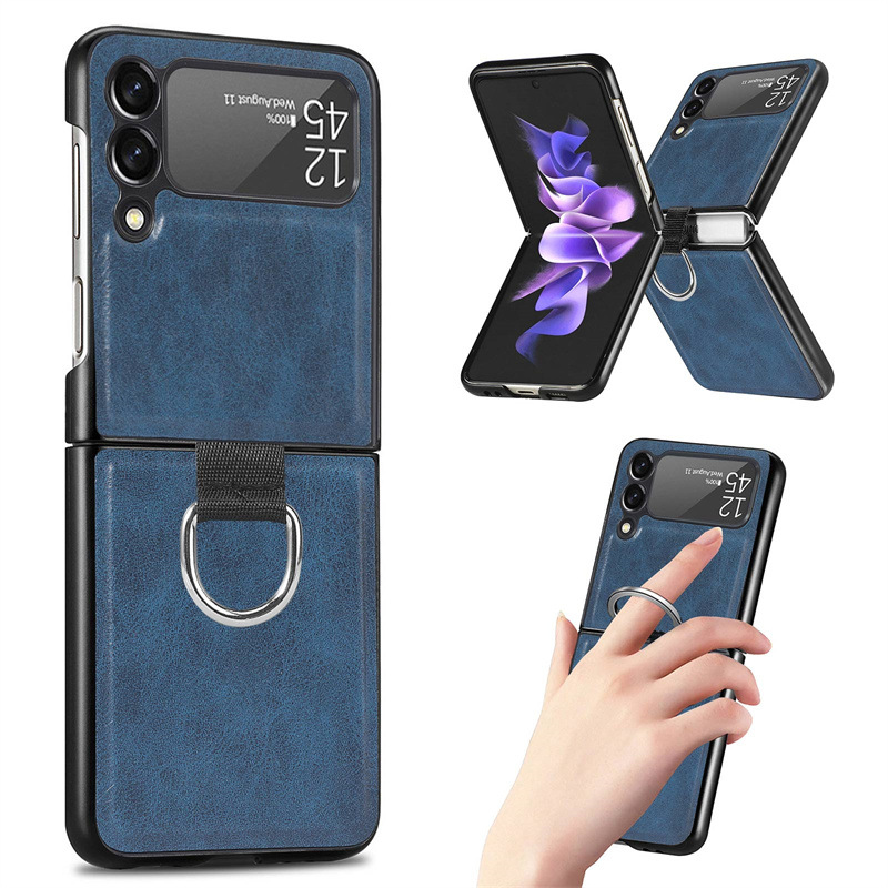 Samsung Galaxy Z Flip Leather Cover with Metal Ring-Blue
